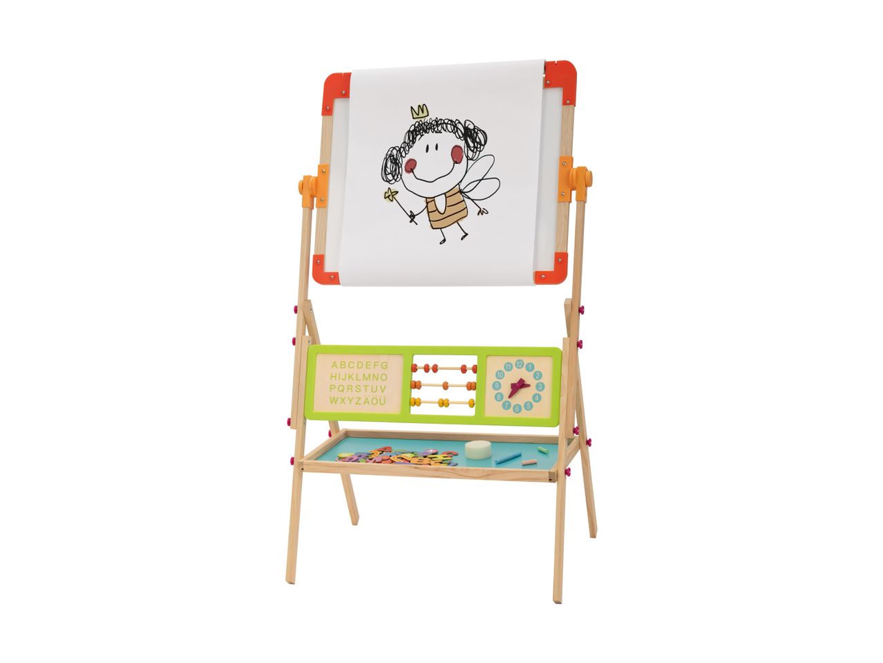 Children's wooden easel with a drawing of a fairy, an abacus, a clock, and alphabet letters