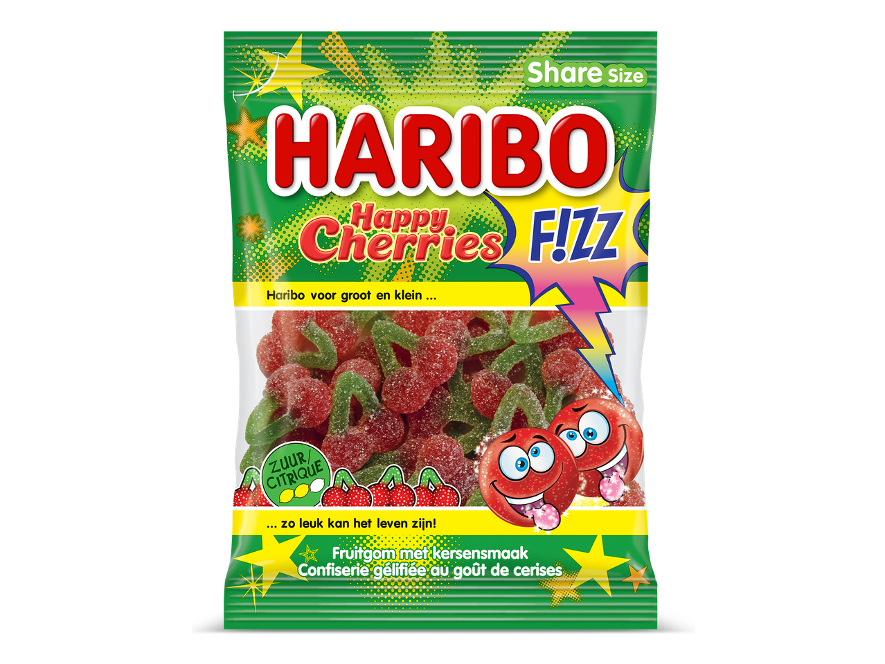 Een zak zure kersensnoepjes met de tekst 'Share Size' en 'Fizz'.