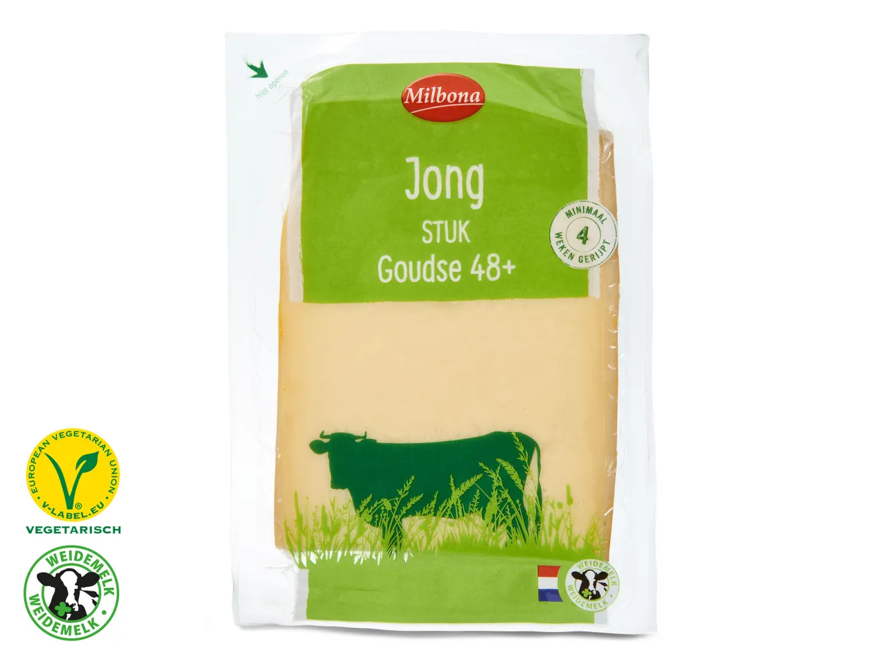Milbona Gouda 48+ kaas: jong stuk, vegetarisch.