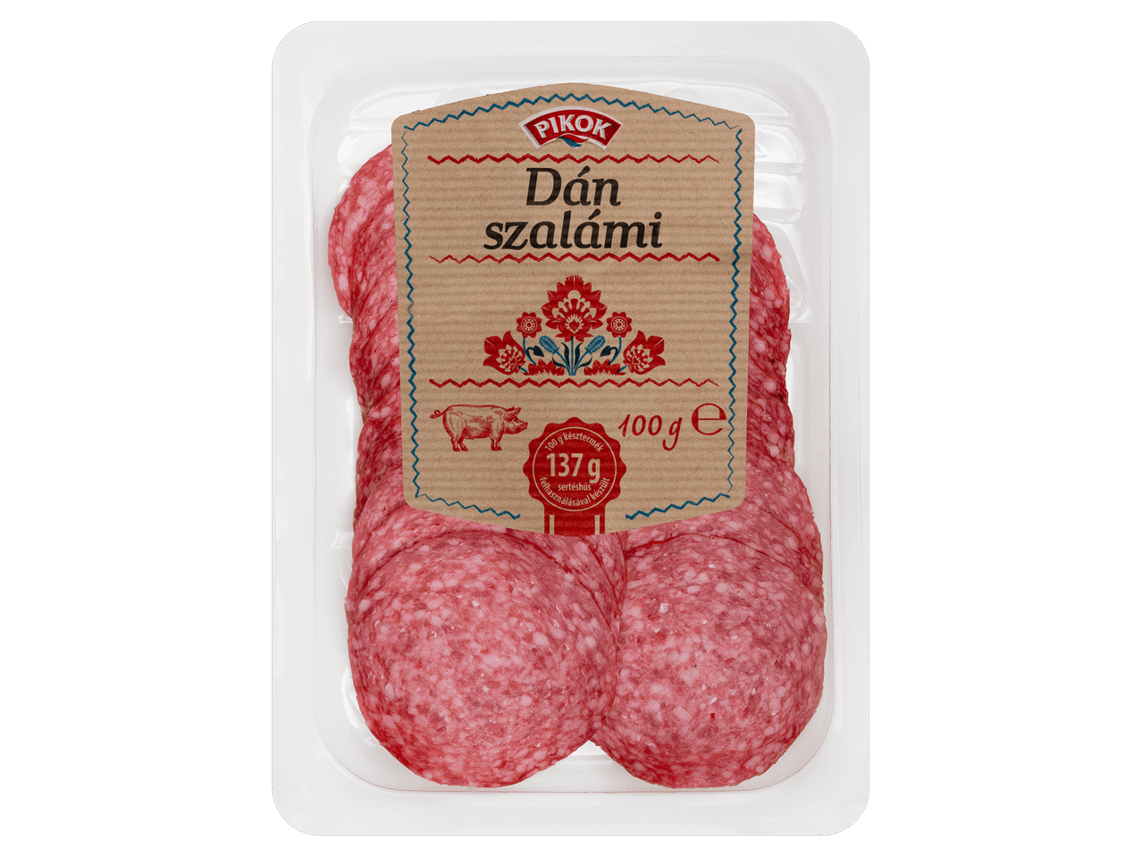 Szeletelt dán szalámi védőgázas csomagolásban.
