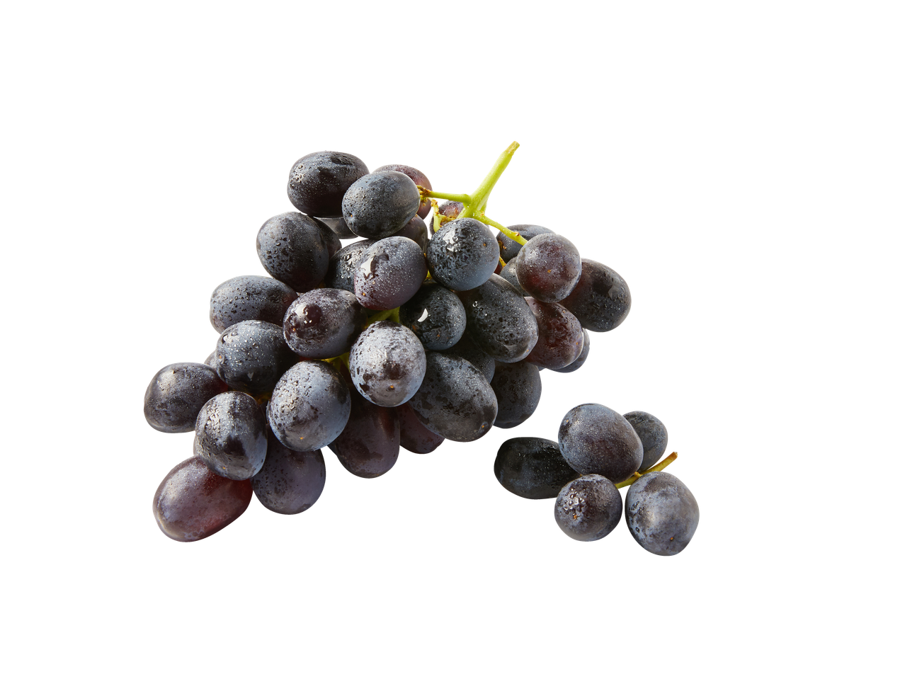 Šviežios raudonos vynuogės be sėklų su vandens lašeliais ant juodo fono