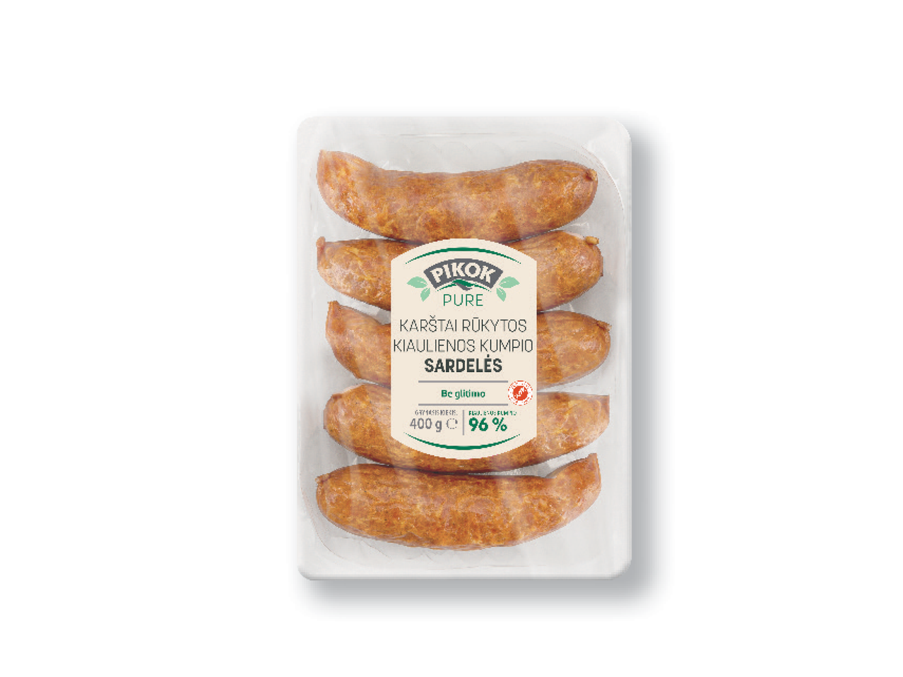 Pikok Pure karštai rūkytos kiaulienos kumpio sardelės, 400 g pakuotė.