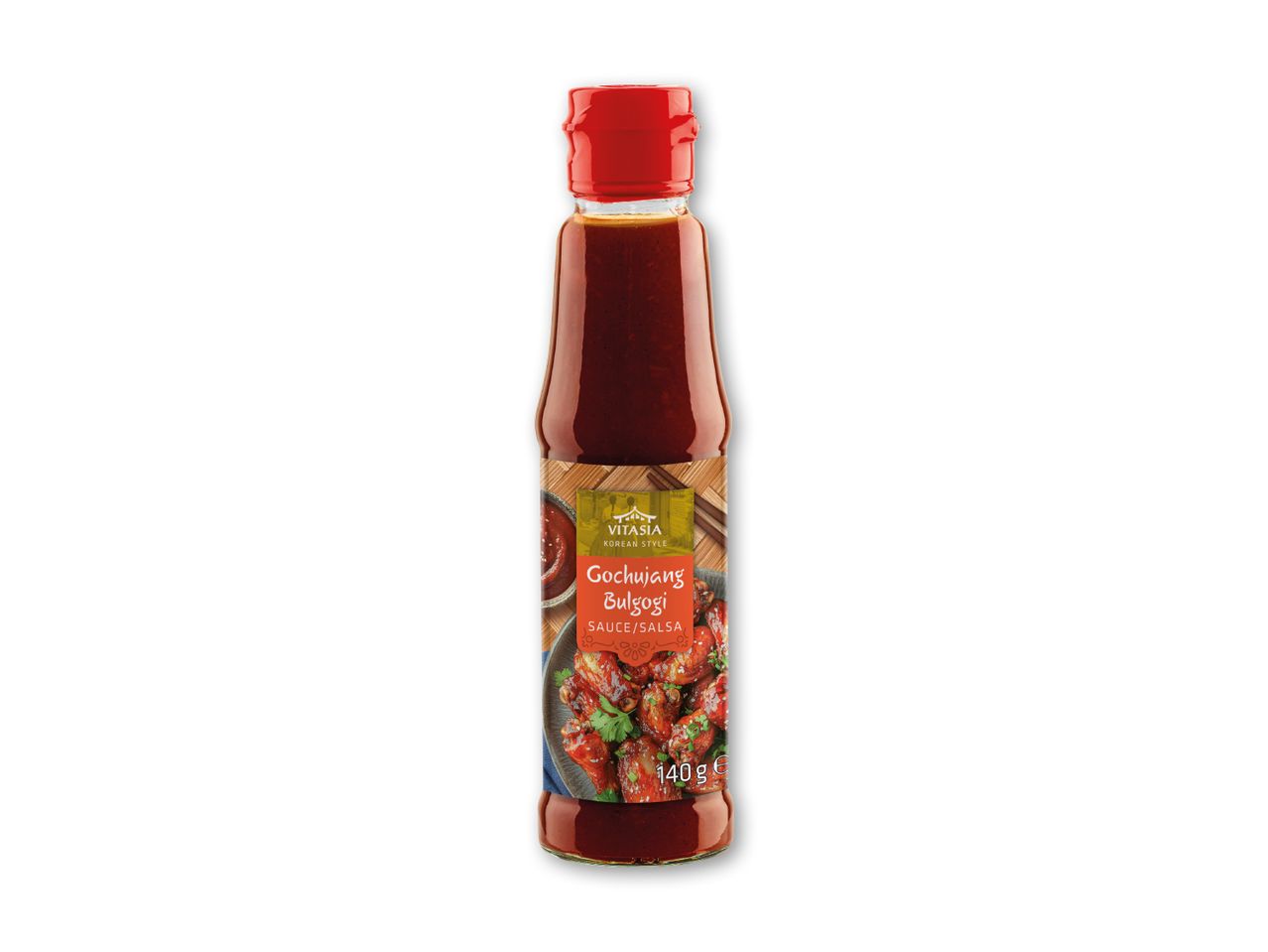 En flaske koreansk Gochujang Bulgogi sauce med et billede af kyllingevinger på etiketten, 140 g.