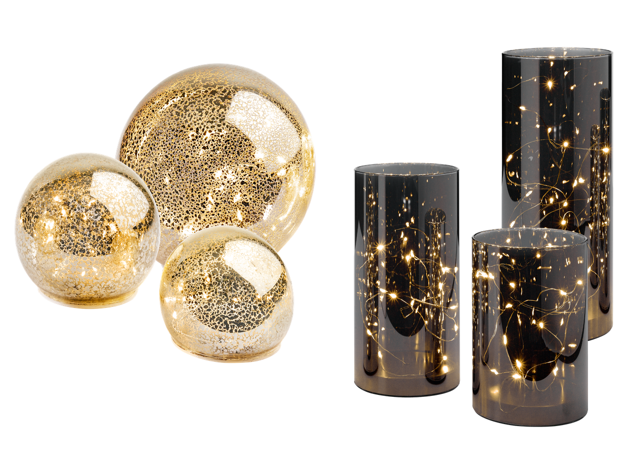 Dekorativa glasbollar och cylindrar med LED-ljusslingor.