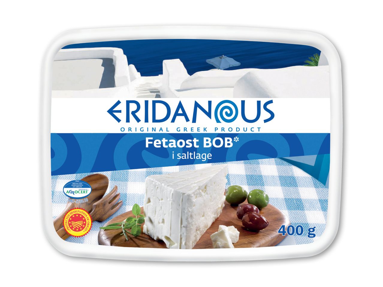 Eridanus Fetaost i en firkantet beholder.