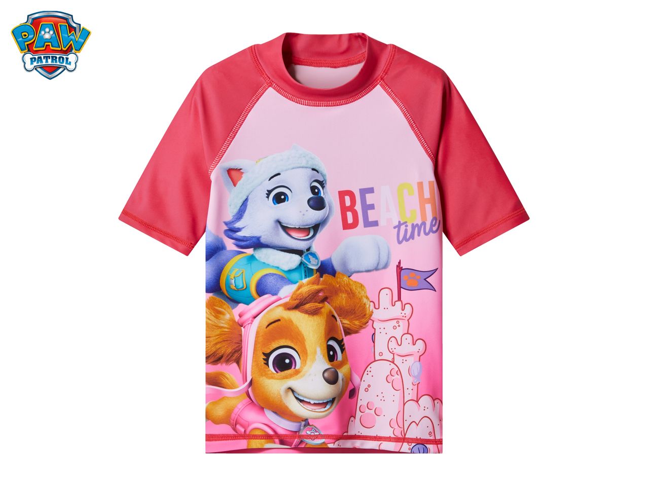 Pink children's rash guard with cartoon dogs and a sandcastle, featuring 'BEACH time' text.