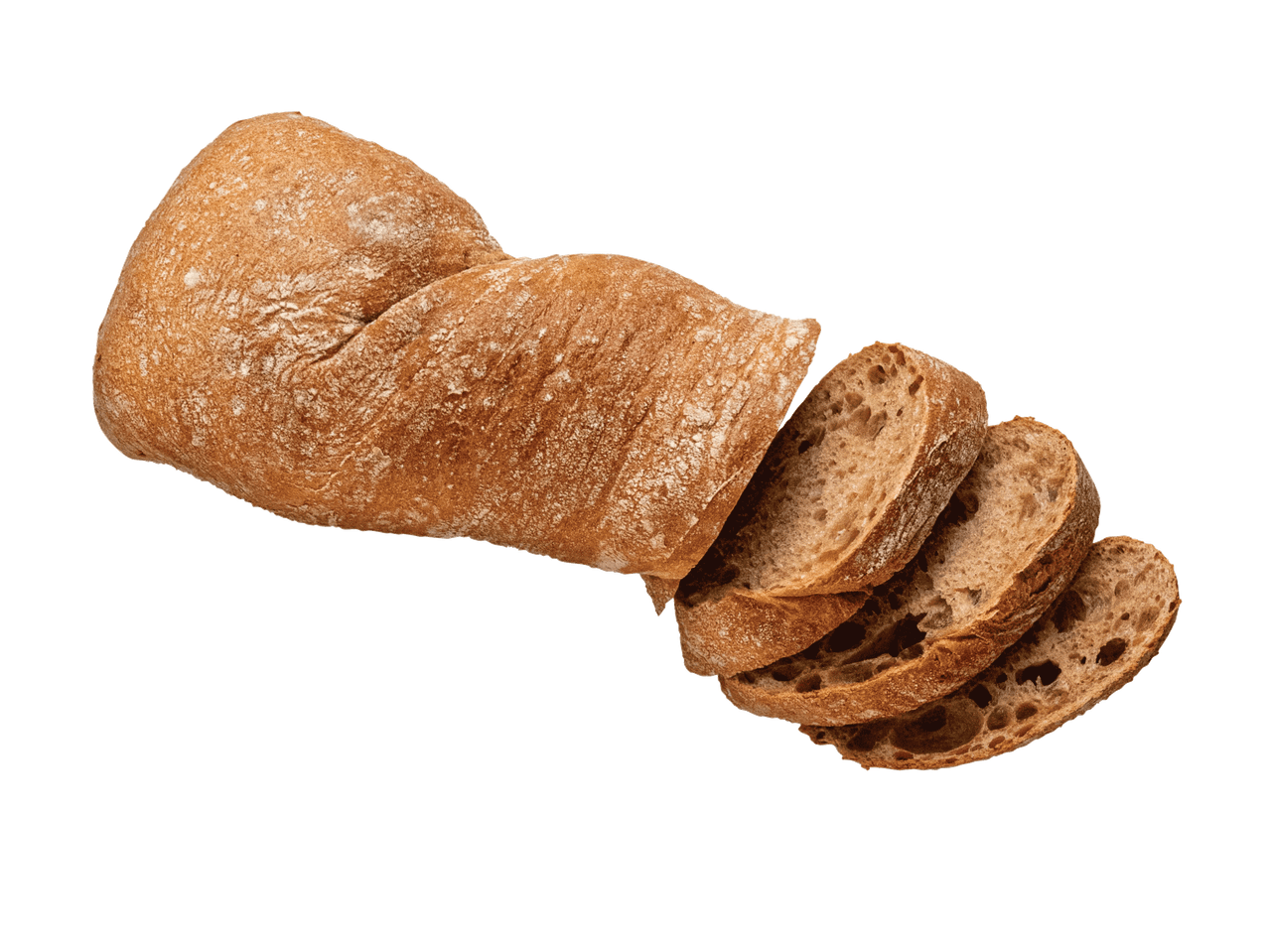 Šviežiai supjaustyta ciabatta su traškia plutele.