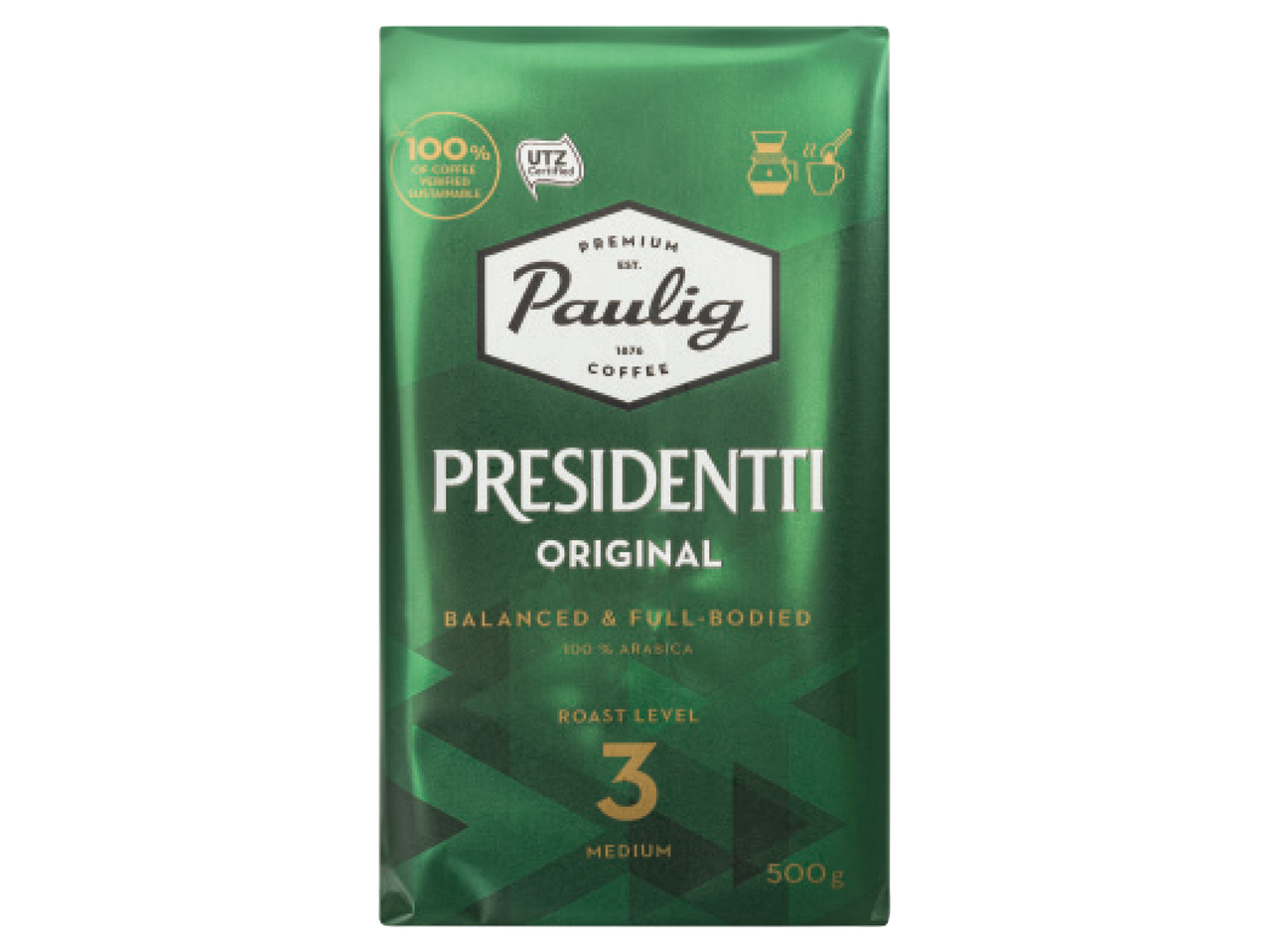 Paulig Presidentti Original kafija, 500g, vidēji grauzdēta, 100% Arabica, UTZ sertificēta.