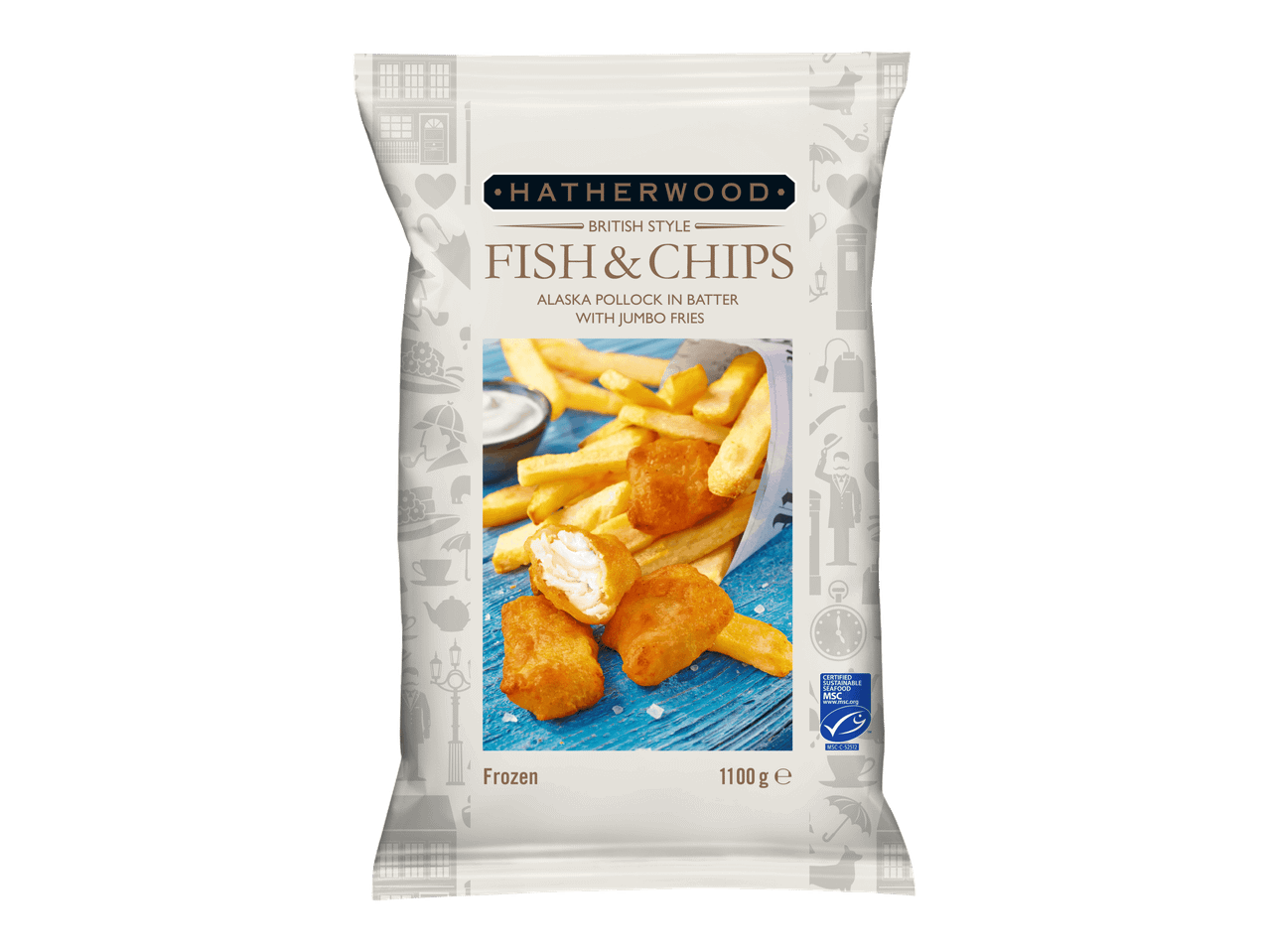 Hatherwood Fish & Chips -pakkaus, jossa on Alaska Pollock -kalaa ja ranskalaisia perunoita.