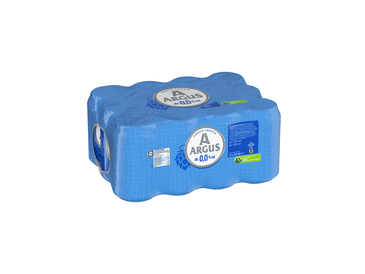 Pack de 12 latas de cerveja Argus sem álcool.