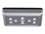 Silver LED motion sensor light with eight bright lights and a central sensor.