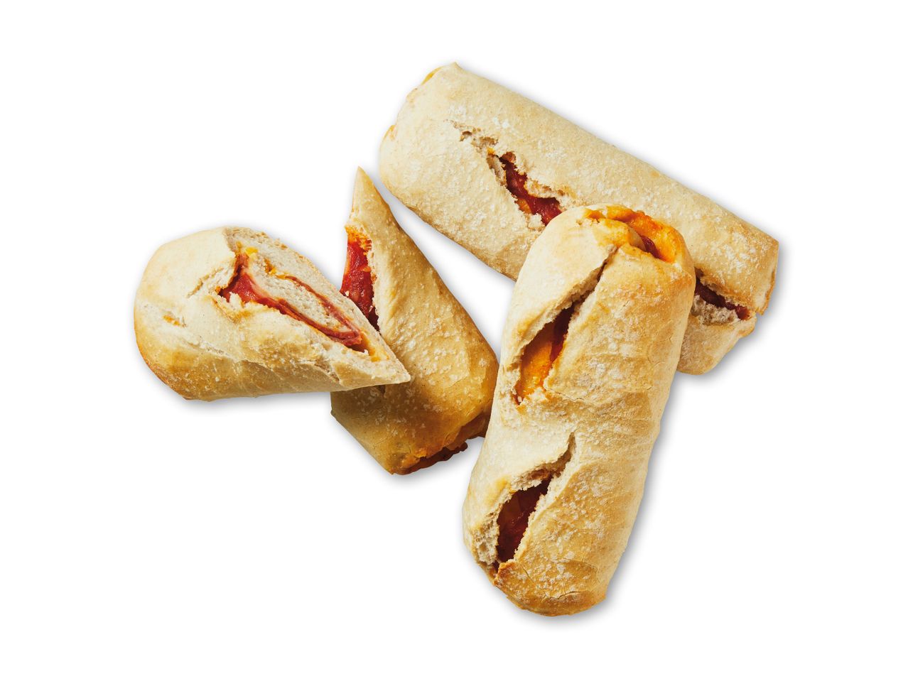 Fire lækre, fyldte brød med ost og pepperoni.