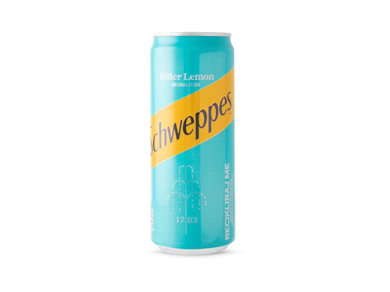 Limena konzerva Schweppes Bitter Lemon pića na bijeloj pozadini.