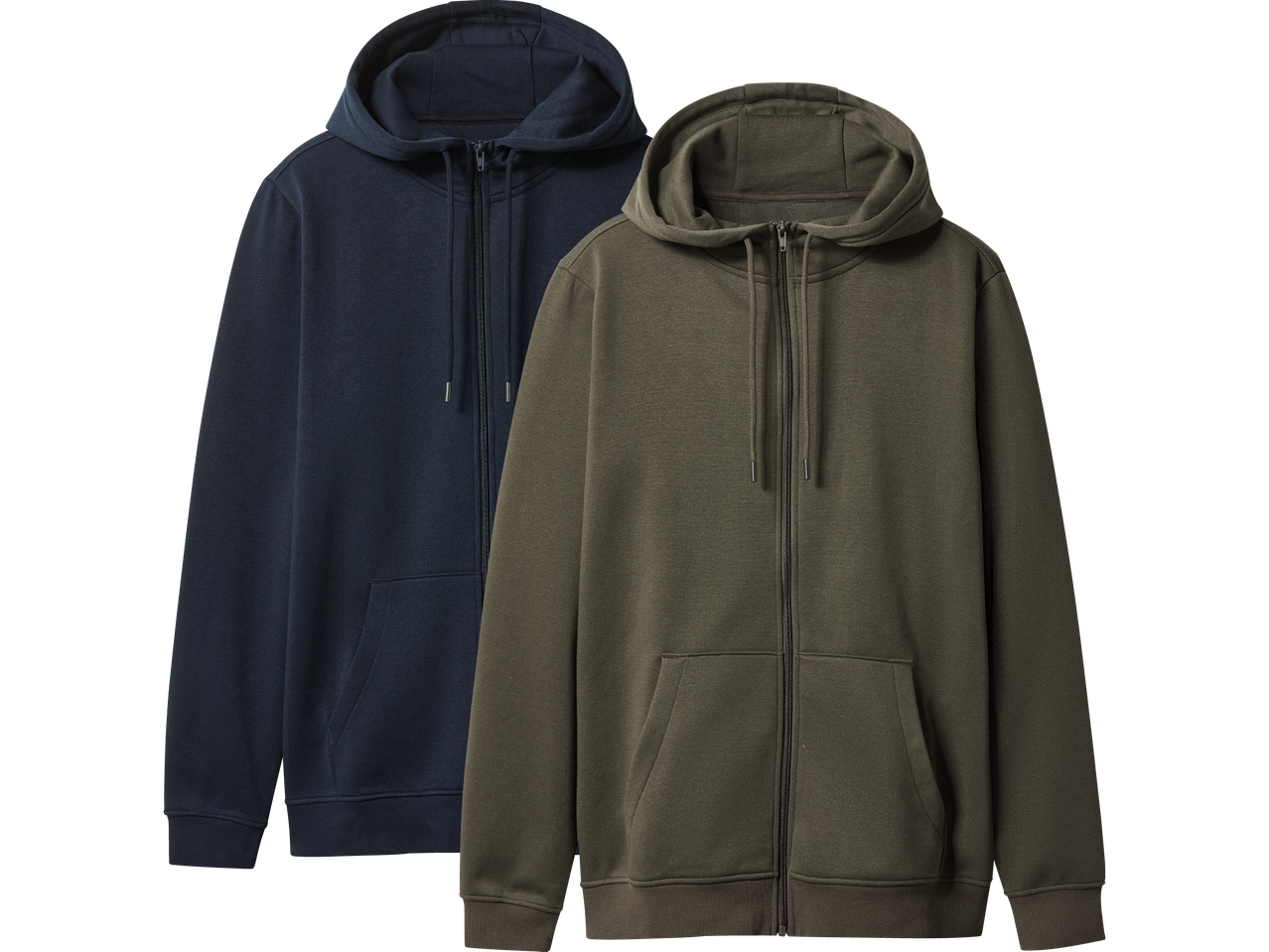 Två huvtröjor med dragkedja, en mörkblå och en olivgrön.