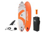 Crivit inflatable SUP board, orange and white, with accessories.