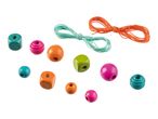 Colorful wooden beads in various shapes and sizes with two bundles of elastic string.