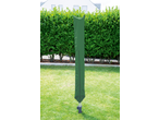 Green rotary washing line cover in a garden with a hedge and house in the background.