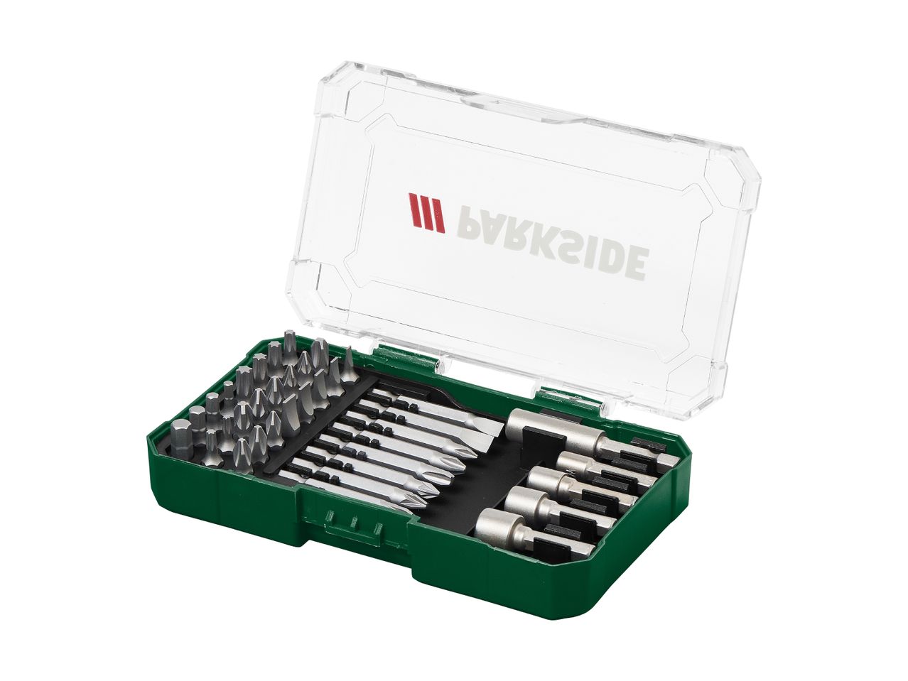 A set of screwdriver bits and nut setters in a green case with a clear lid.