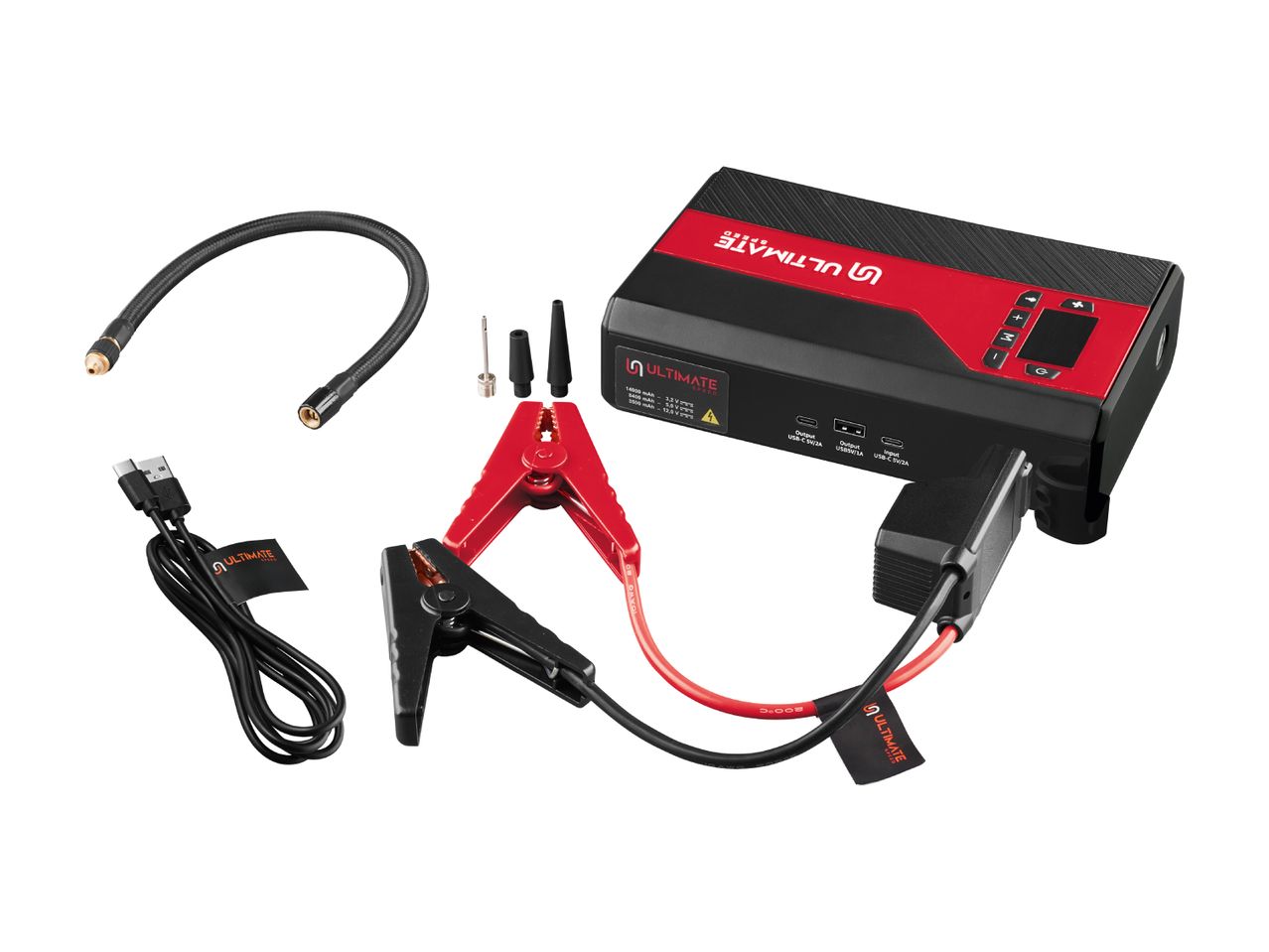Ultimate Speed jump starter with air compressor, jumper cables, and charging accessories.