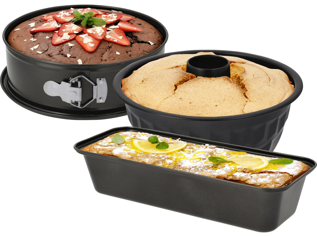 Tre bakformar med bakverk: en chokladkaka, en sockerkaka och en citronkaka.