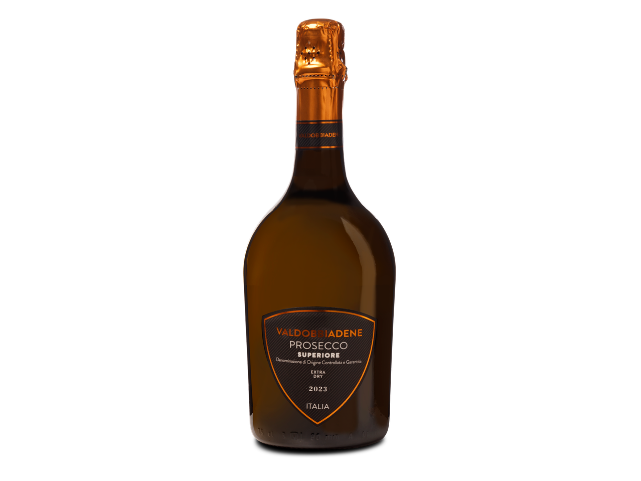 Een fles Valdobbiadene Prosecco Superiore Extra Dry 2023.