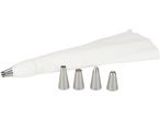 A white piping bag with a metal nozzle and four additional metal piping tips.