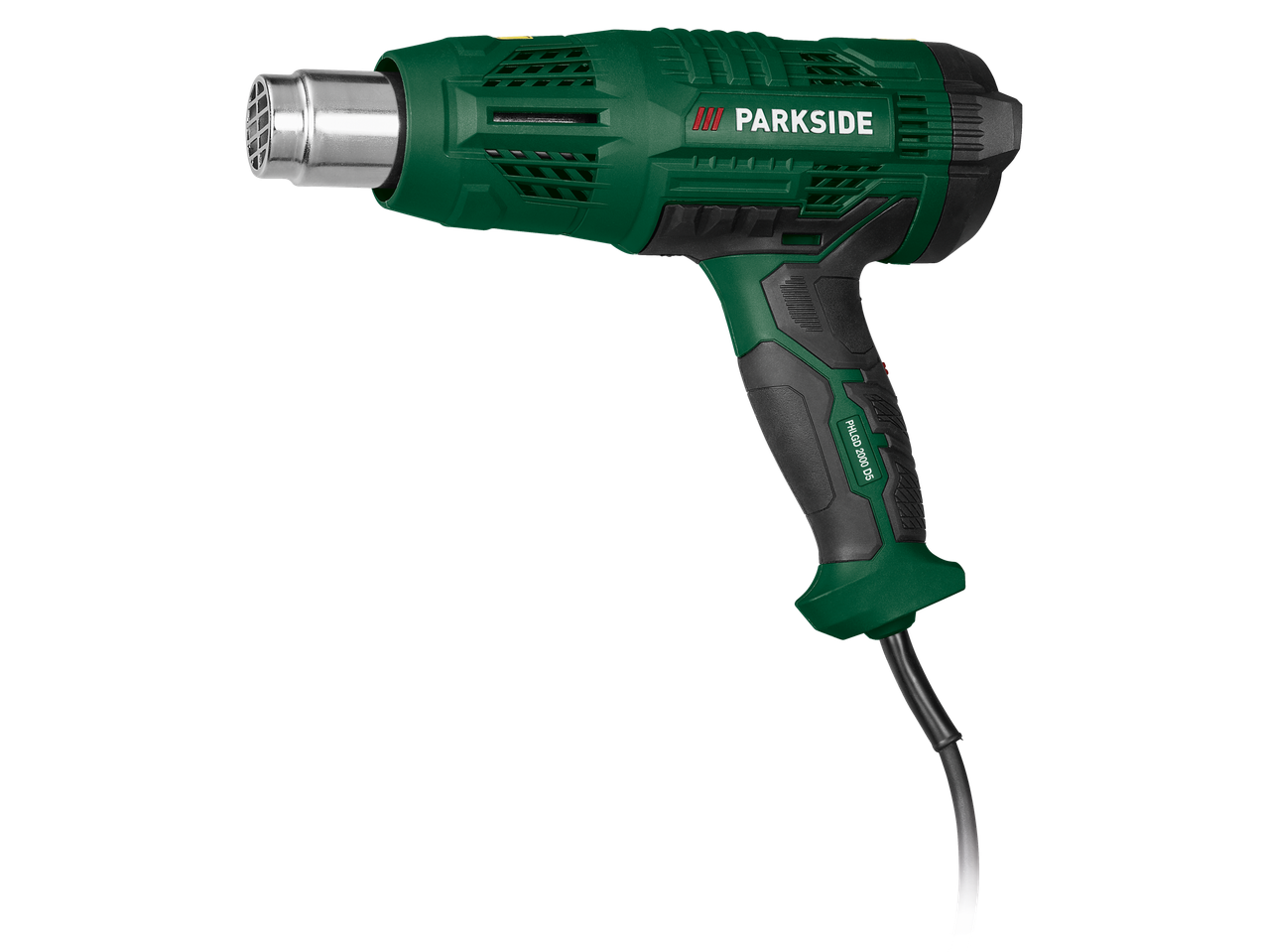 Pistola de ar quente digital verde e preta com bico prateado