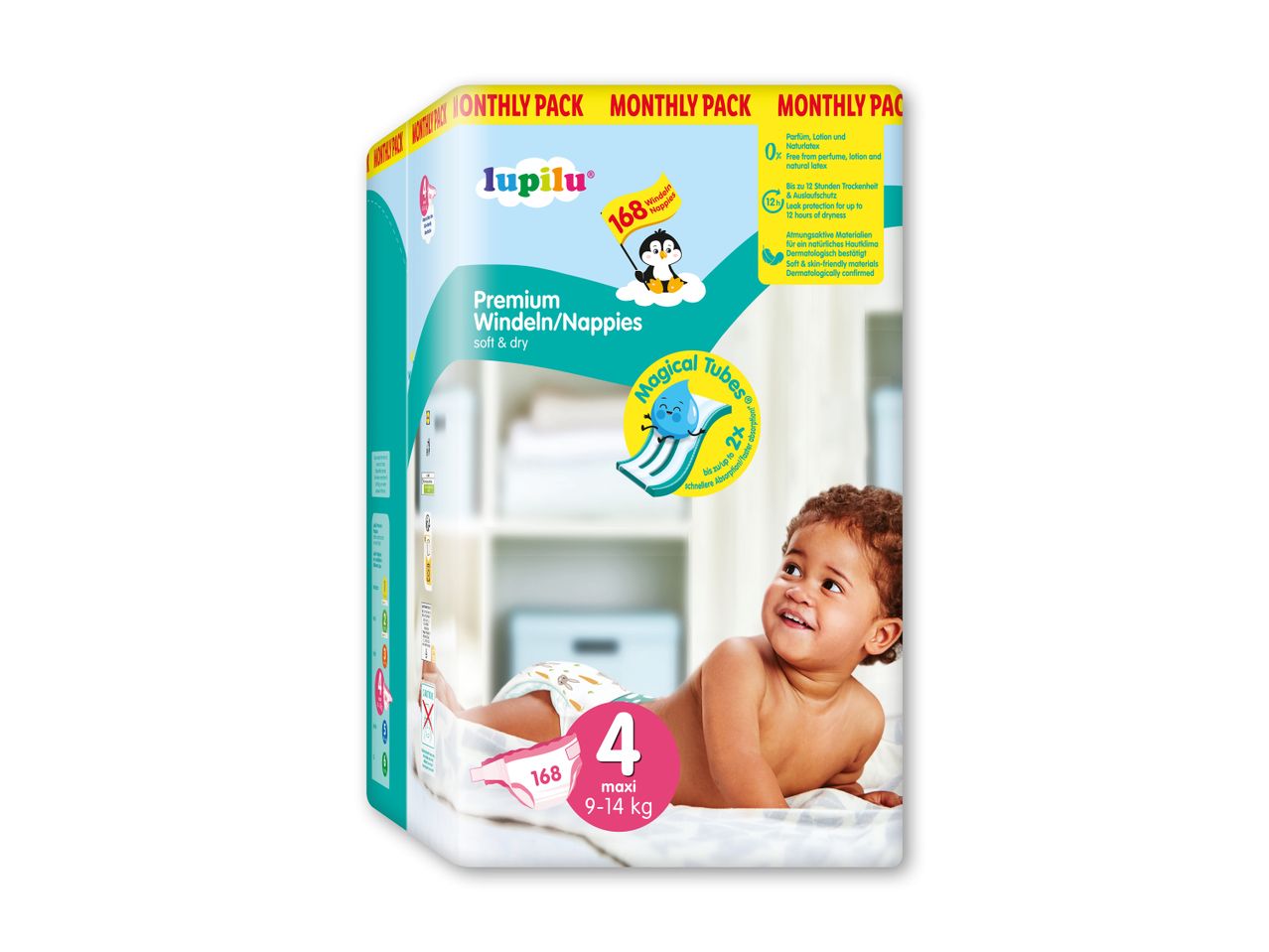 Lupilu Premium bleer, størrelse 4 (9-14 kg), 168 stk. månedspakke.