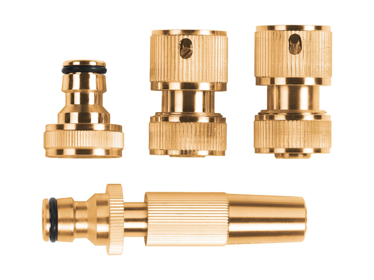 Brass garden hose connectors and spray nozzle on a white background.