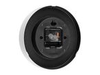 Rear view: white round wall clock with removable battery compartment.