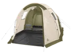 Camping tent with two rooms, beige and olive green, with a dark grey floor.