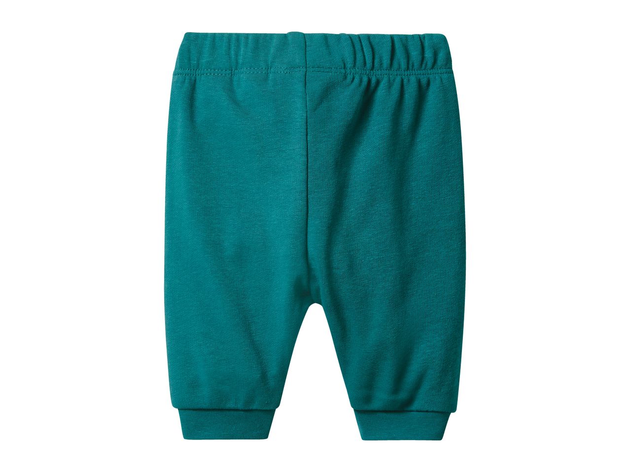 A pair of teal baby pants with an elastic waistband and ribbed cuffs.