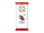 Milk chocolate bar with strawberry filling, featuring a folk-inspired design.