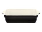 Black and white rectangular ceramic baking dish with ribbed sides.