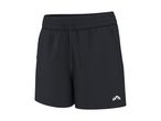 Black athletic shorts with a drawstring waist and a small white logo on the left leg.