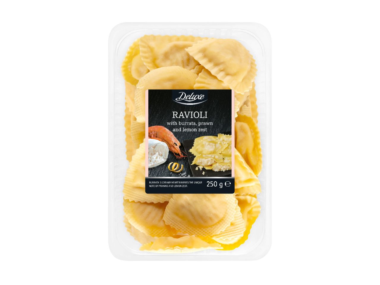 A package of Ravioli, showing several pieces of the pasta.