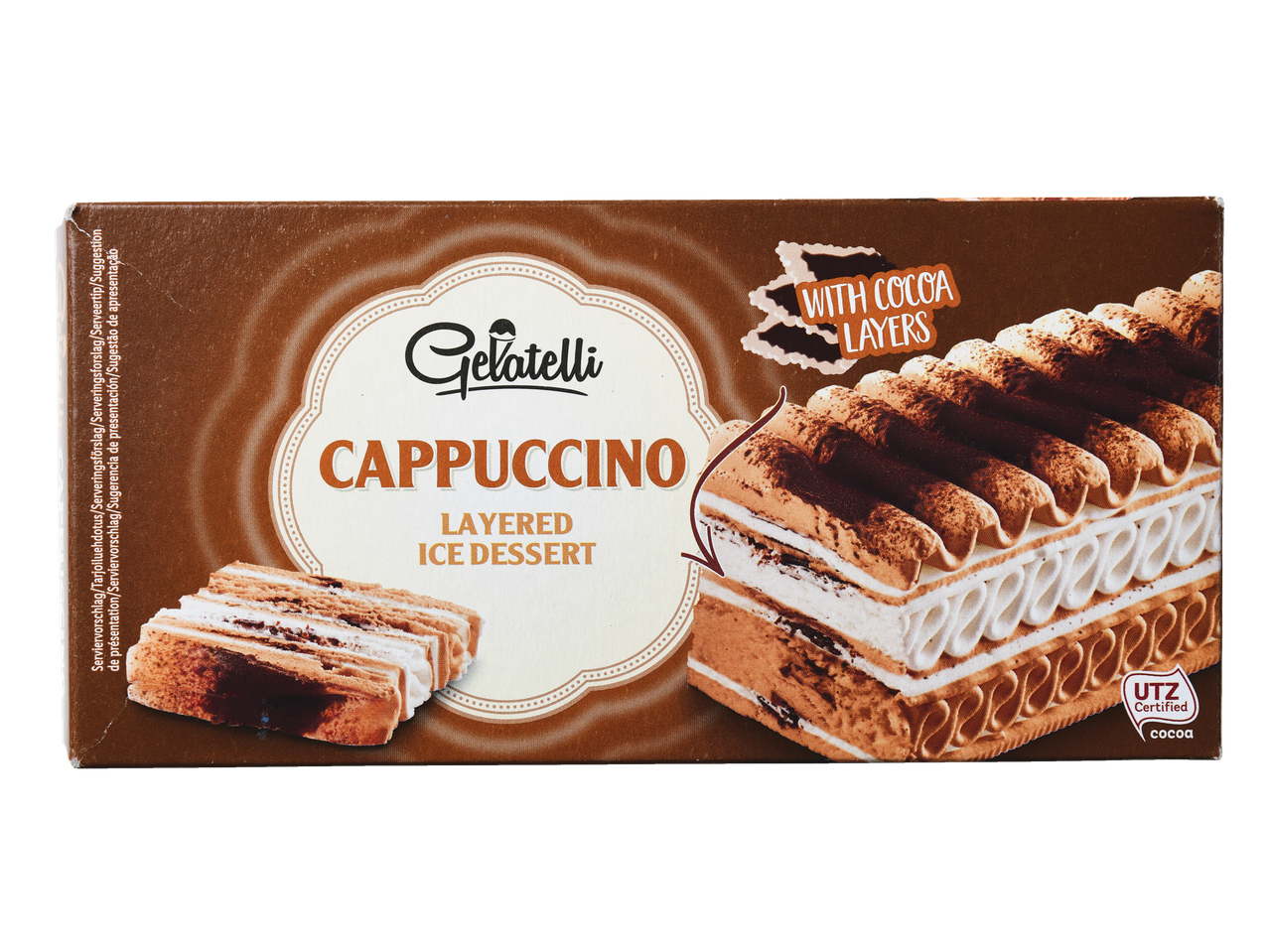 Sobremesa de gelo Gelatelli Cappuccino em camadas com camadas de cacau.