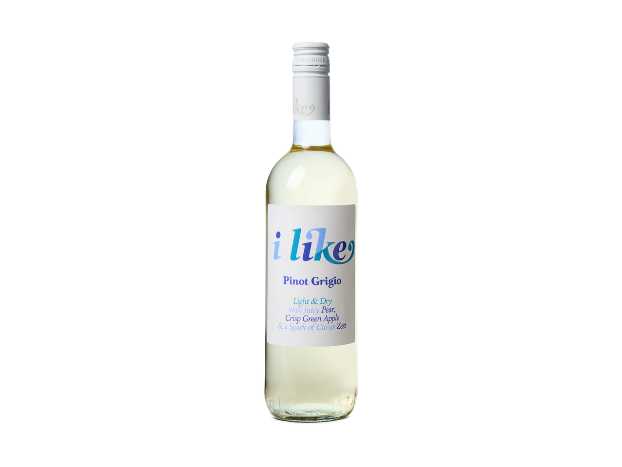 Fles witte wijn met een etiket waarop 'i like Pinot Grigio' staat, met smaaknotities van peer, groene appel en citrus.