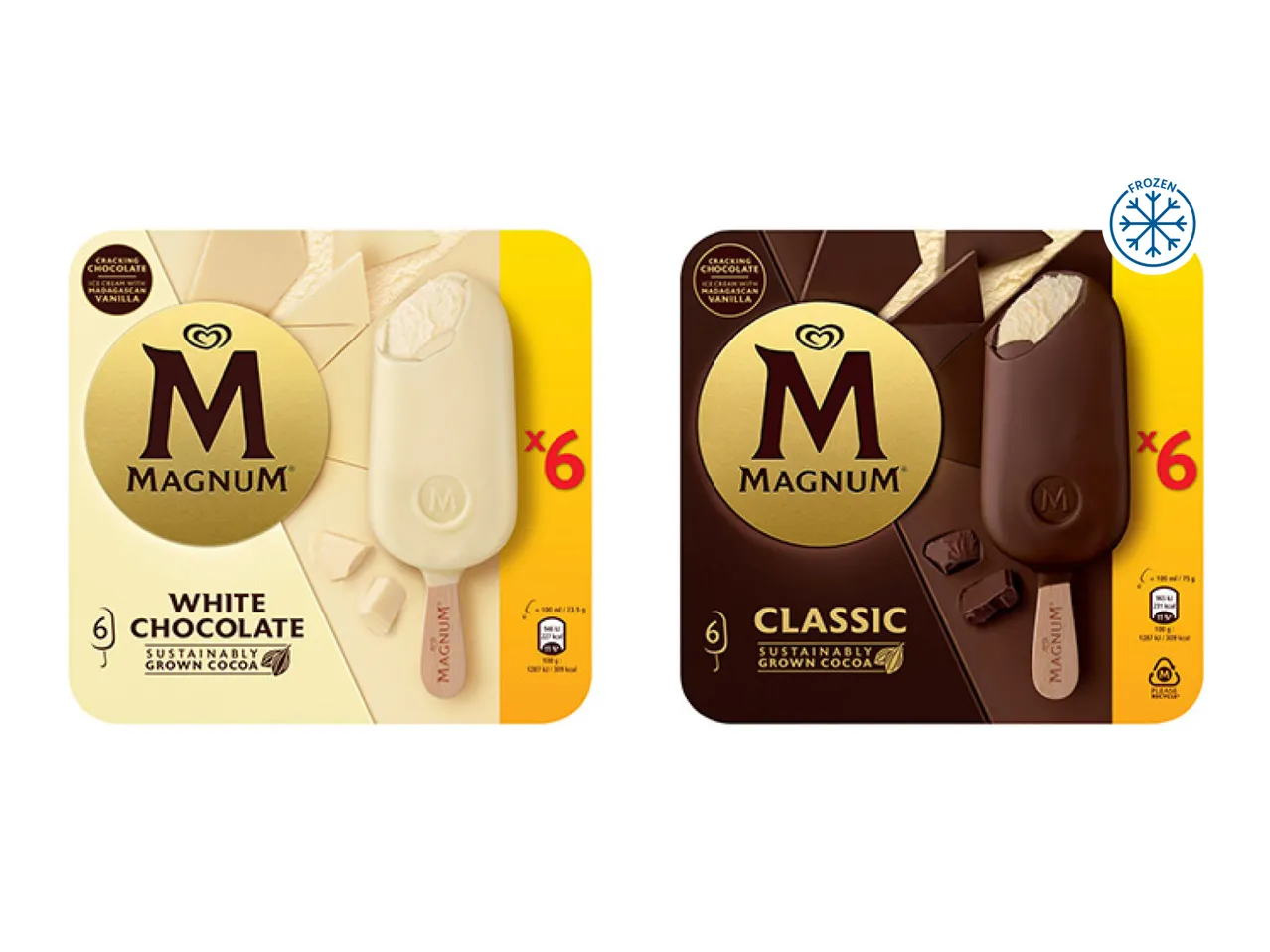 Two packs of ice cream bars, white chocolate and classic, with a frozen symbol.