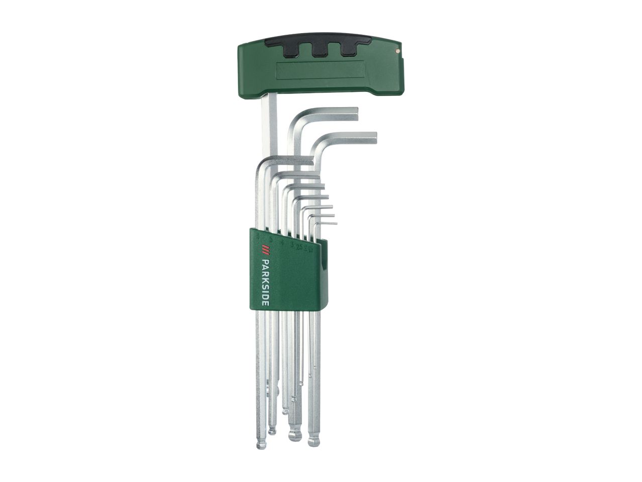 Set of L-shaped hex keys with a green and black holder, featuring various sizes.