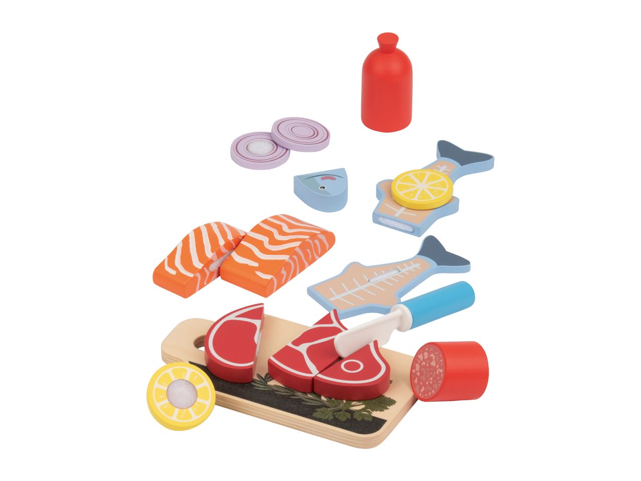 Wooden play food set with meat, fish, sushi, vegetables, and a cutting board.
