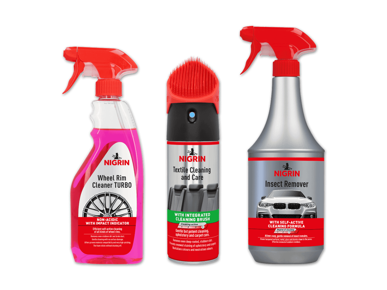 Drei Flaschen Autopflegeprodukte, darunter Felgenreiniger, Textilreiniger und Insektenentferner.