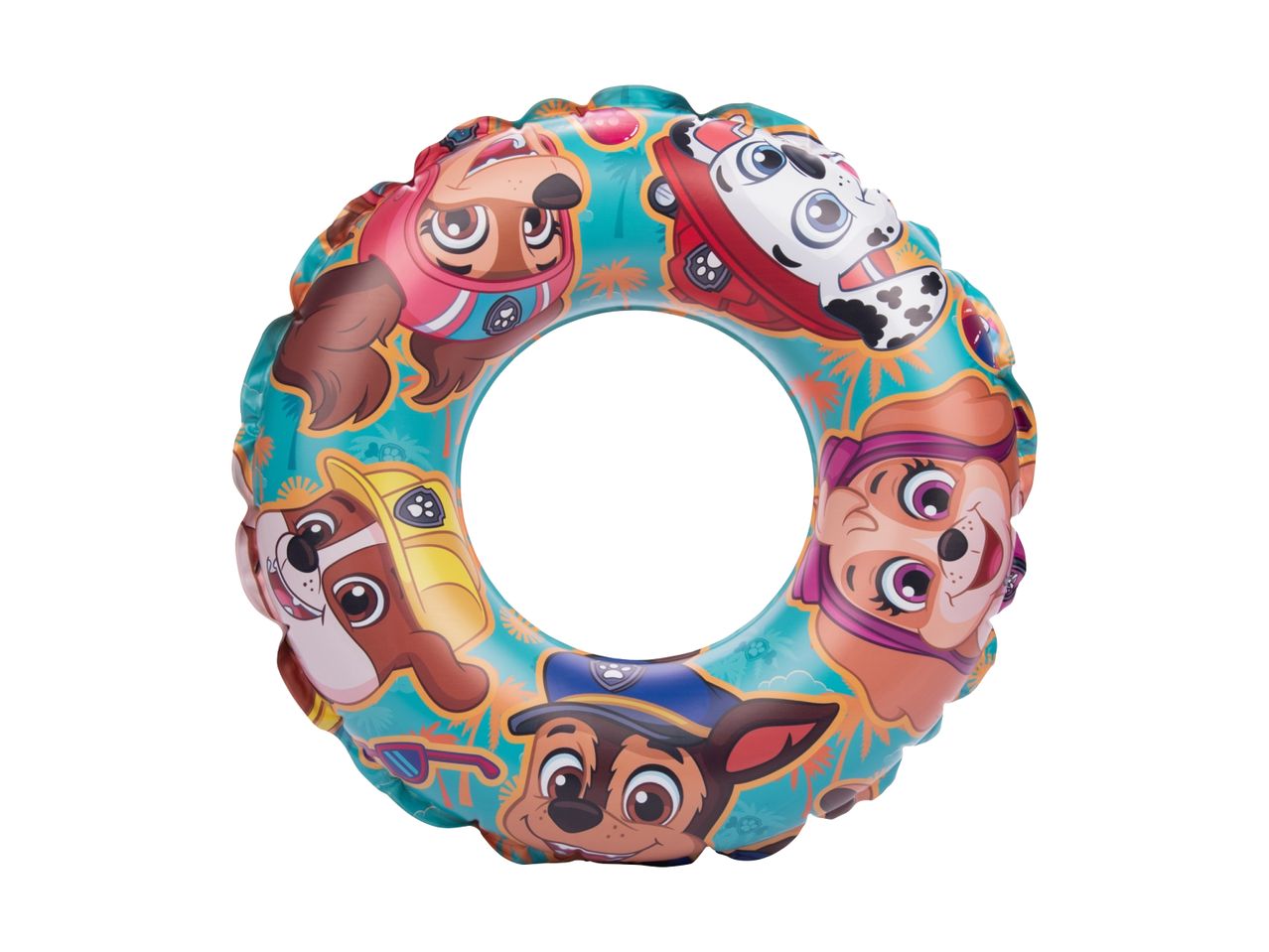 Paw Patrol themed inflatable swimming ring with characters like Chase, Marshall, and Skye.