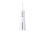 White cordless water flosser with three grey buttons and a transparent water tank.