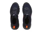 Pair of navy blue and black Scrivit hiking boots with orange accents.