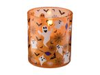 Halloween candle holder with ghosts, bats, spiderwebs, and brooms on an orange background.