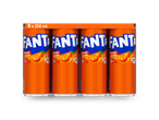 Acht blikjes Fanta sinaasappel, laag in calorieën.