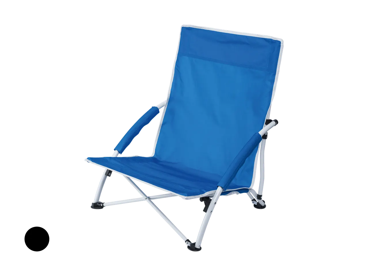 Blauer Klappstuhl mit weißem Gestell, ideal für Strand oder Camping.