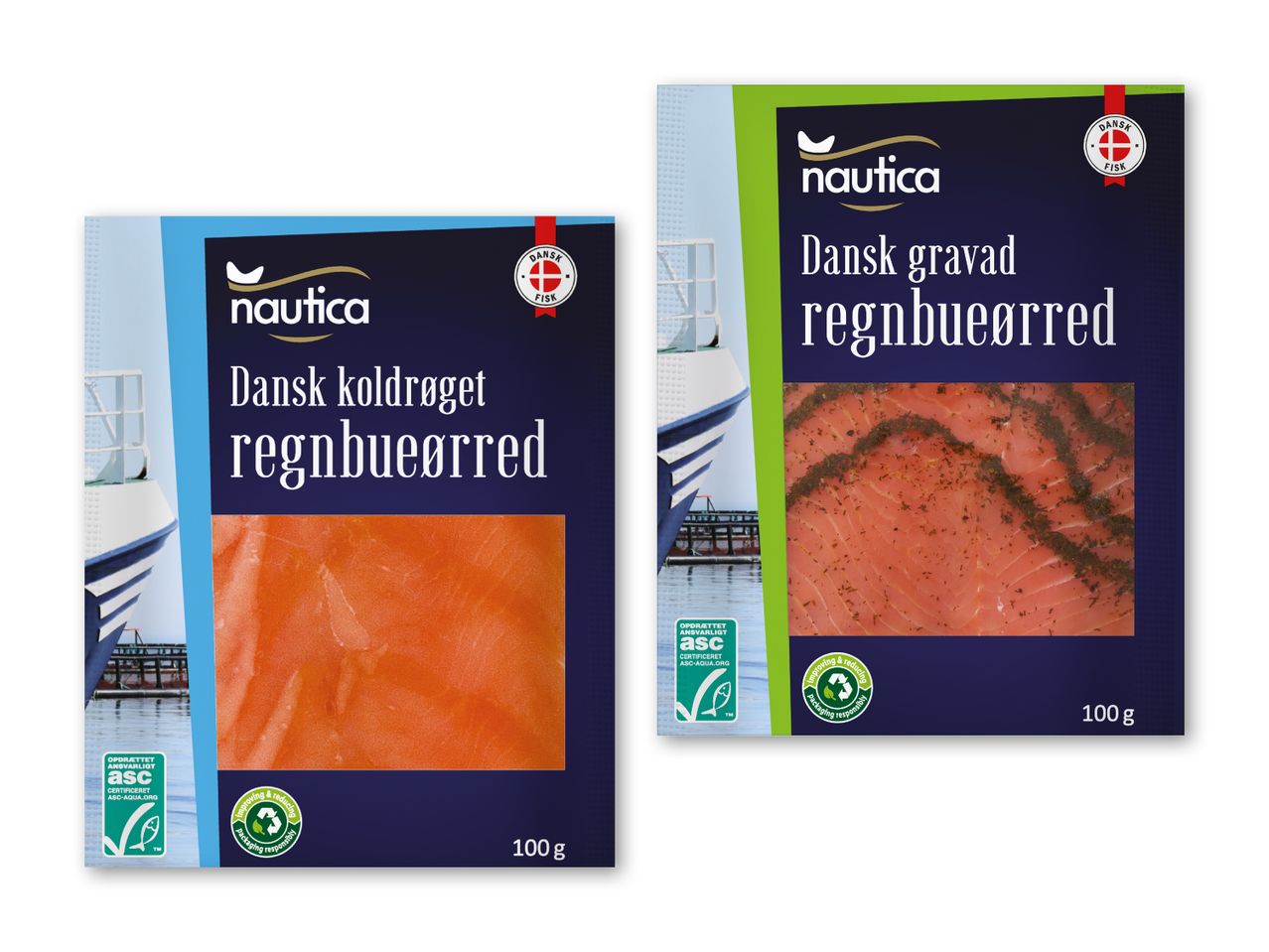 To pakker Nautica dansk røget og gravad regnbueørred (100g).