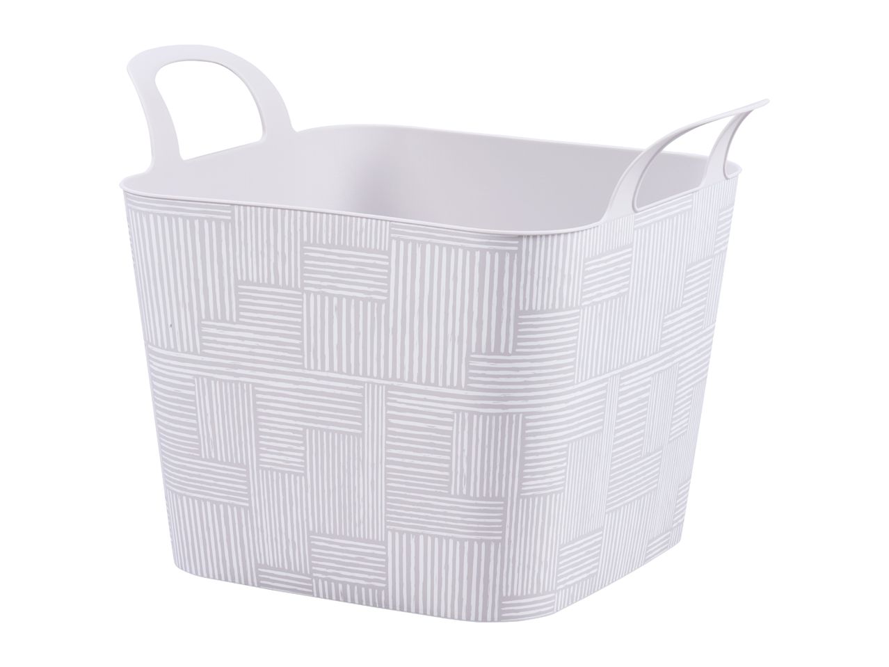 Light grey storage basket with handles and geometric pattern